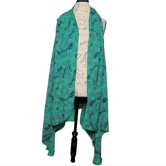 Juvi Green & Navy Palm Print Sleeveless Draped Open Front Swim Coverup Large - Picture 1 of 5